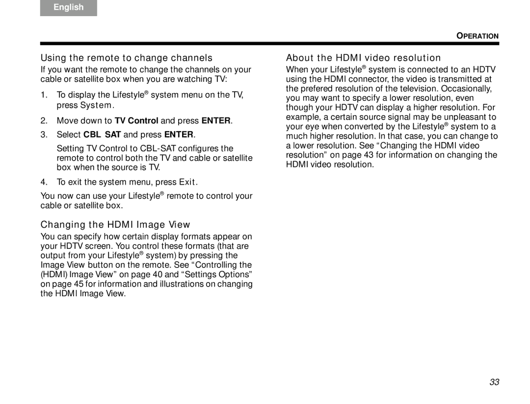 Bose V30 manual Using the remote to change channels, About the Hdmi video resolution 