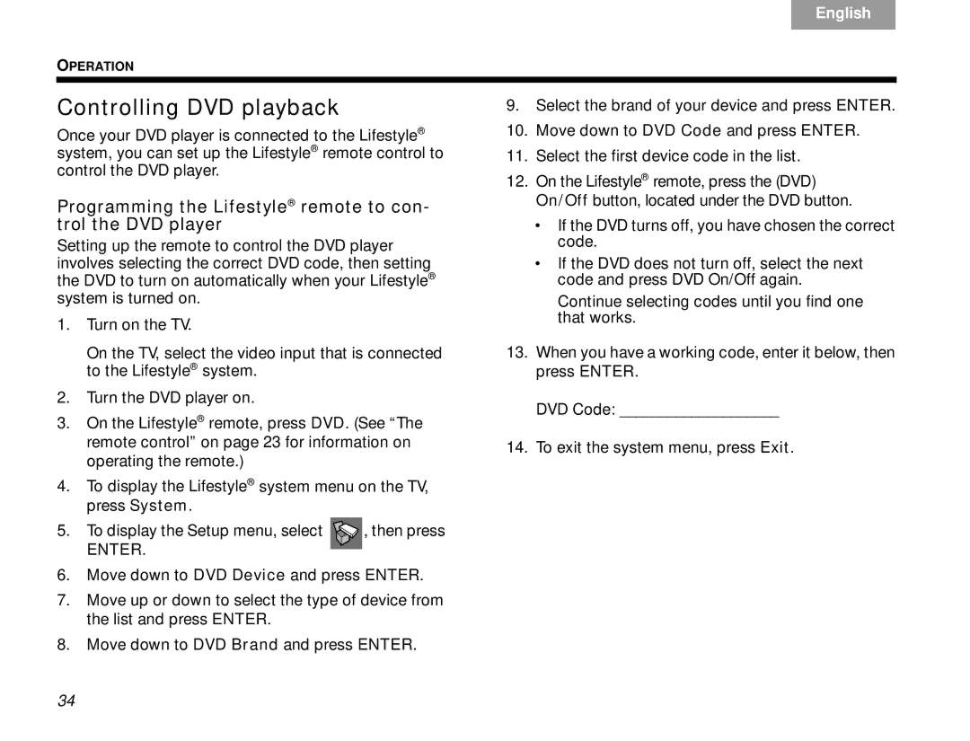 Bose V30 manual Controlling DVD playback, Programming the Lifestyle remote to con- trol the DVD player 