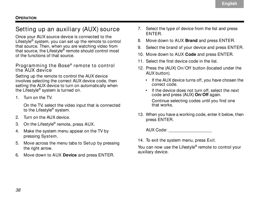 Bose V30 manual Setting up an auxiliary AUX source, Programming the Bose remote to control the AUX device 