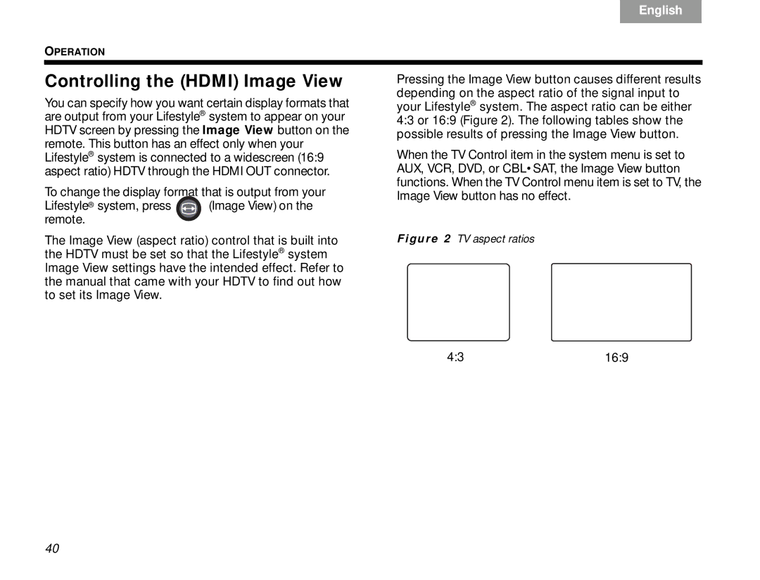 Bose V30 manual Controlling the Hdmi Image View, TV aspect ratios 