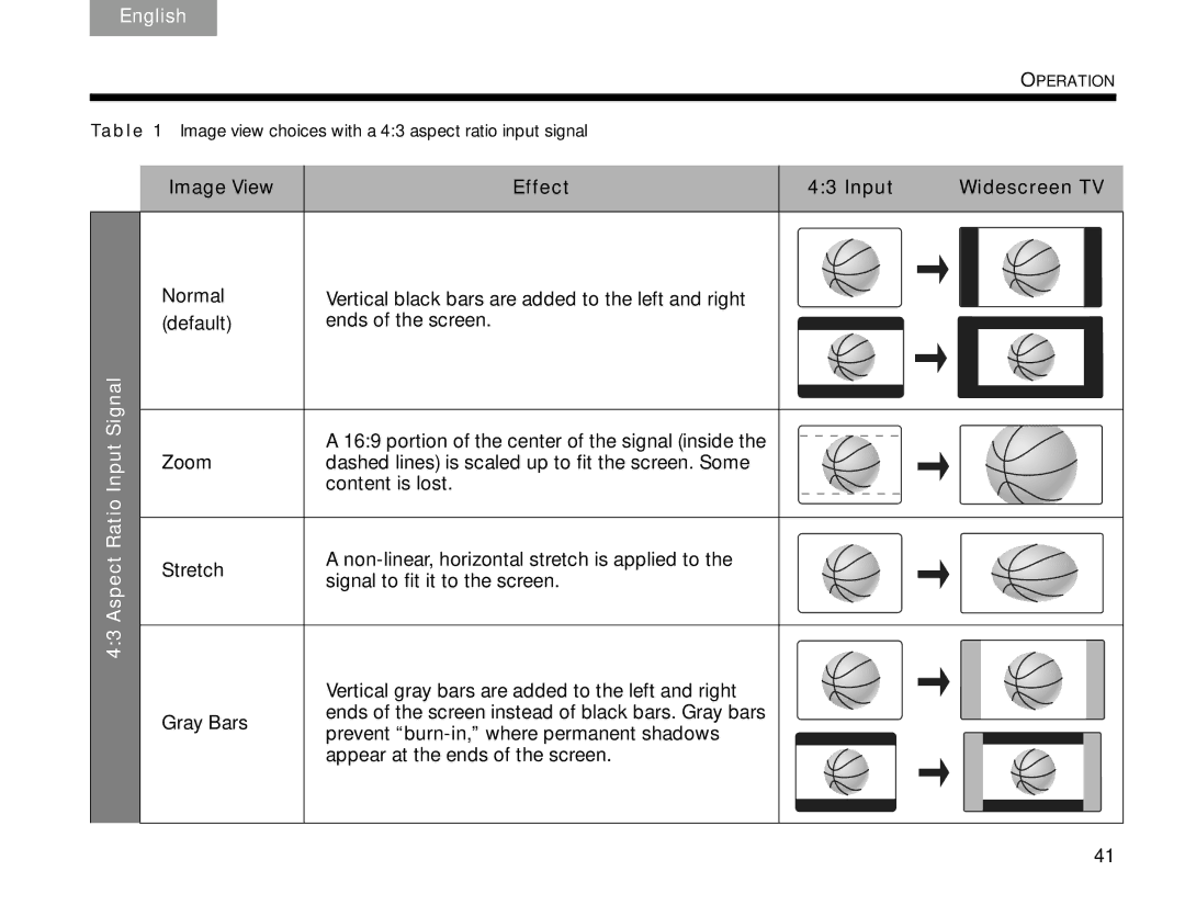 Bose V30 manual Aspect Ratio Input Signal, Image View Effect Input Widescreen TV 