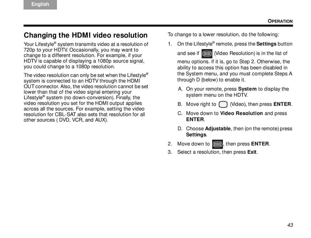 Bose V30 manual Changing the Hdmi video resolution 