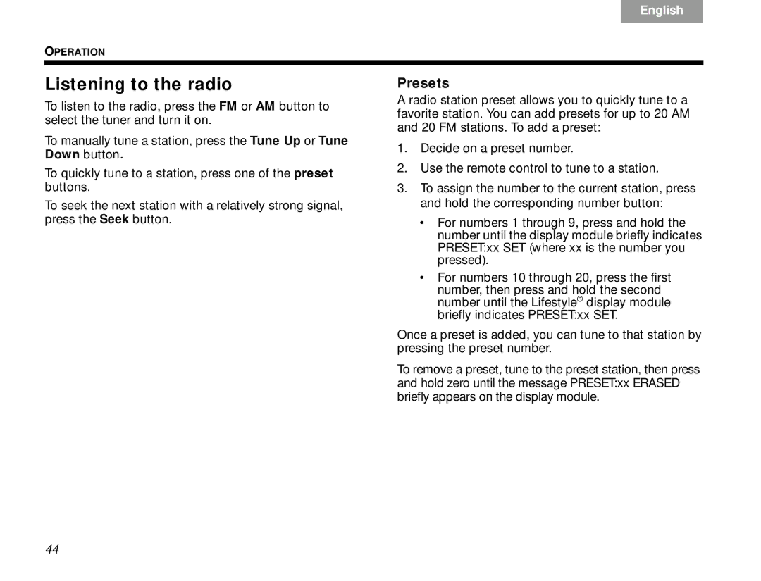 Bose V30 manual Listening to the radio, Presets 