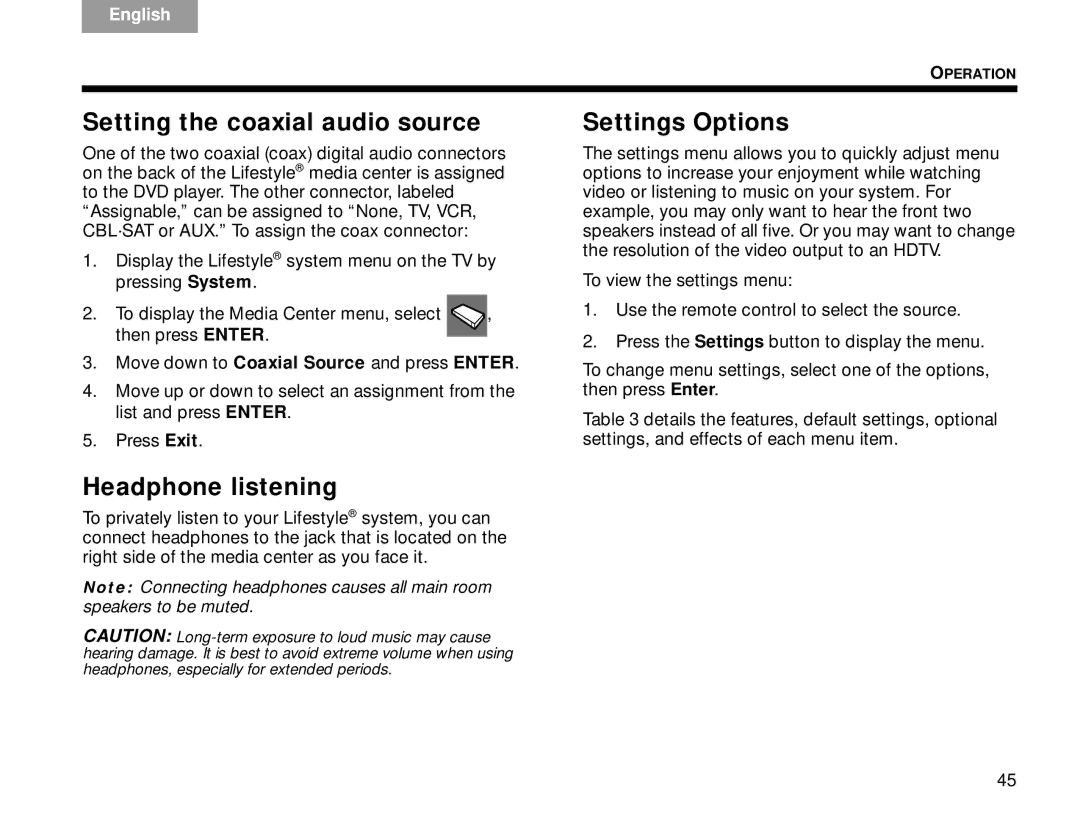 Bose V30 manual Setting the coaxial audio source, Settings Options, Headphone listening 