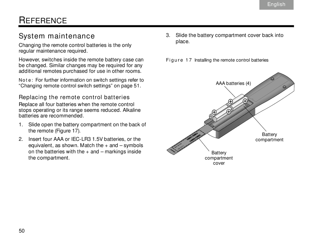 Bose V30 manual Reference, System maintenance, Replacing the remote control batteries 