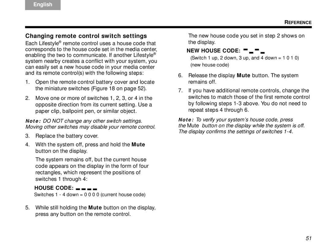 Bose V30 manual Changing remote control switch settings, House Code 