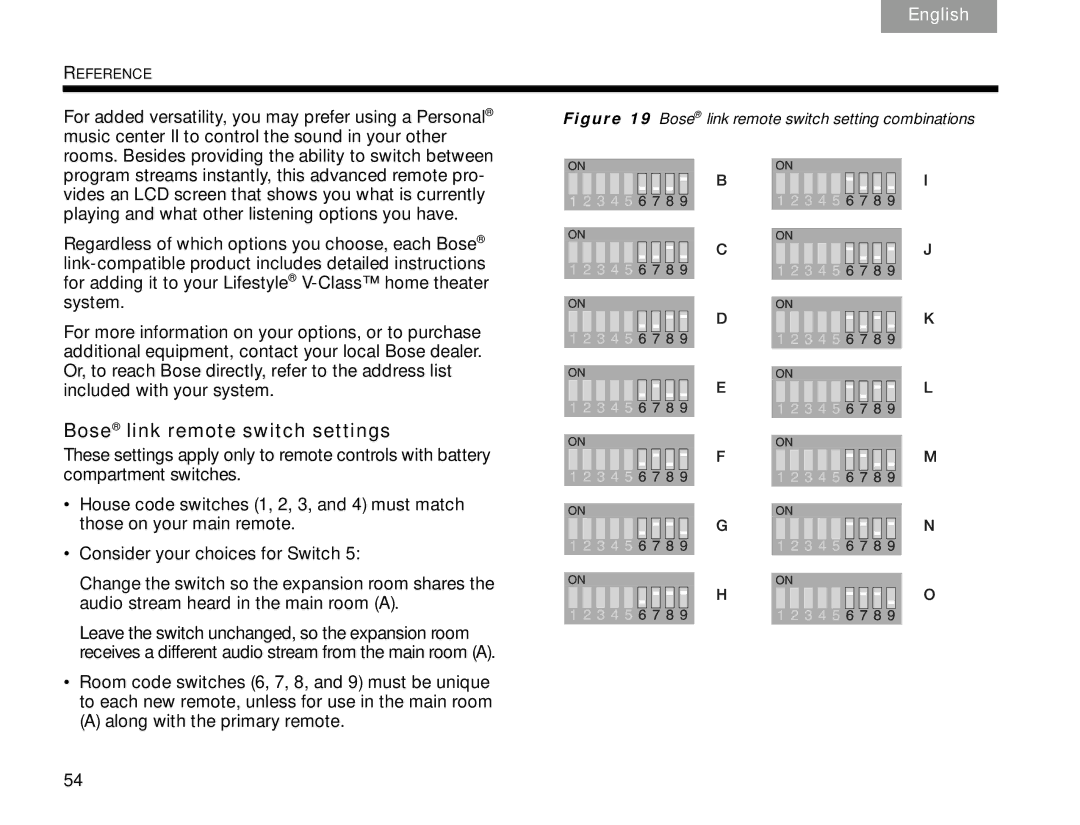 Bose V30 manual Bose link remote switch settings, Bose link remote switch setting combinations 