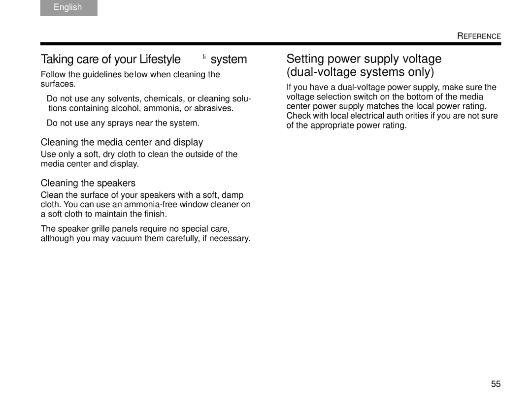 Bose V30 manual Taking care of your Lifestyle system, Setting power supply voltage dual-voltage systems only 