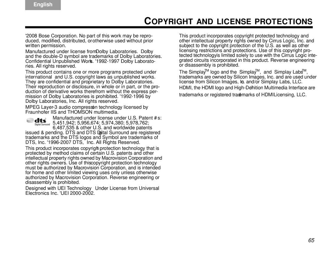 Bose V30 manual Copyright and License Protections 