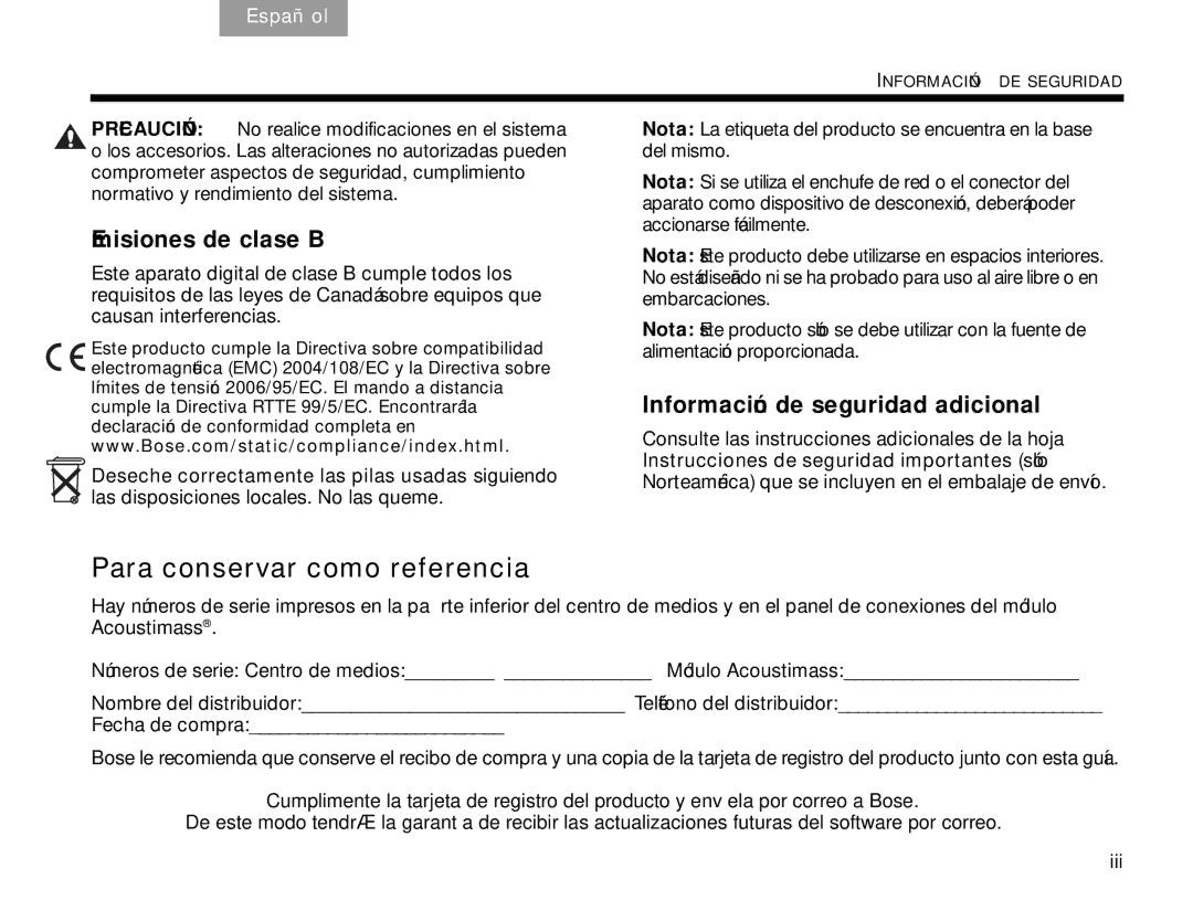 Bose V30 manual Para conservar como referencia, Deseche correctamente las pilas usadas siguiendo 