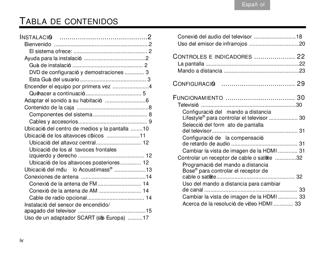 Bose V30 manual Tabla DE Contenidos, Instalación 