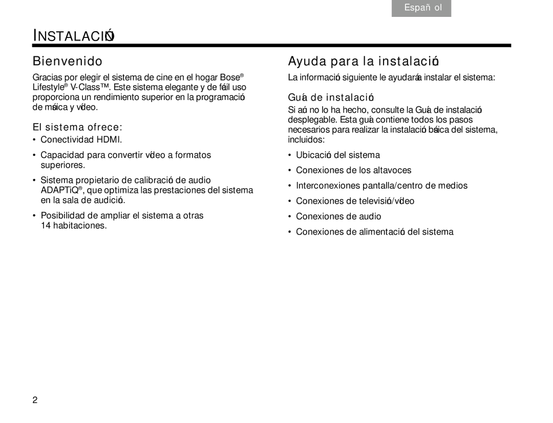 Bose V30 manual Instalación, Bienvenido Ayuda para la instalación, El sistema ofrece, Guía de instalación 