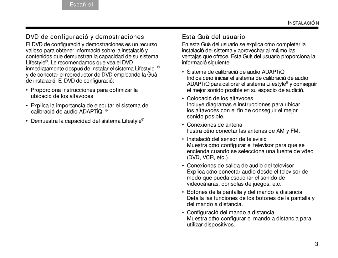 Bose V30 manual DVD de configuración y demostraciones, Esta Guía del usuario 