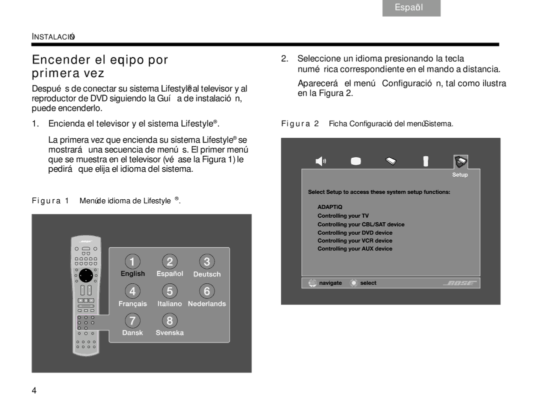 Bose V30 manual Encender el equipo por primera vez, Figura 2 Ficha Configuración del menú Sistema 