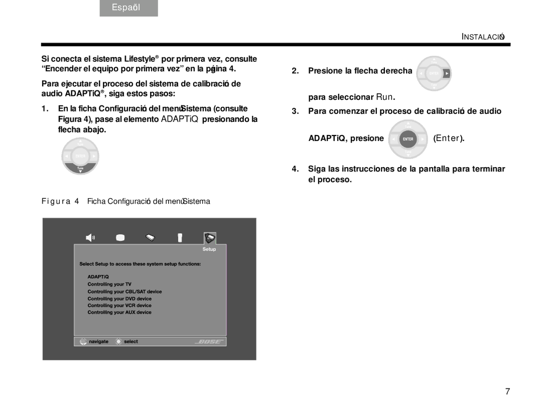 Bose V30 manual Figura 4 Ficha Configuración del menú Sistema 