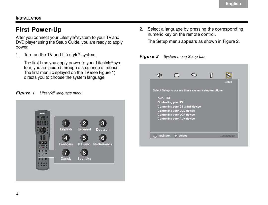 Bose V30 manual First Power-Up, System menu Setup tab 