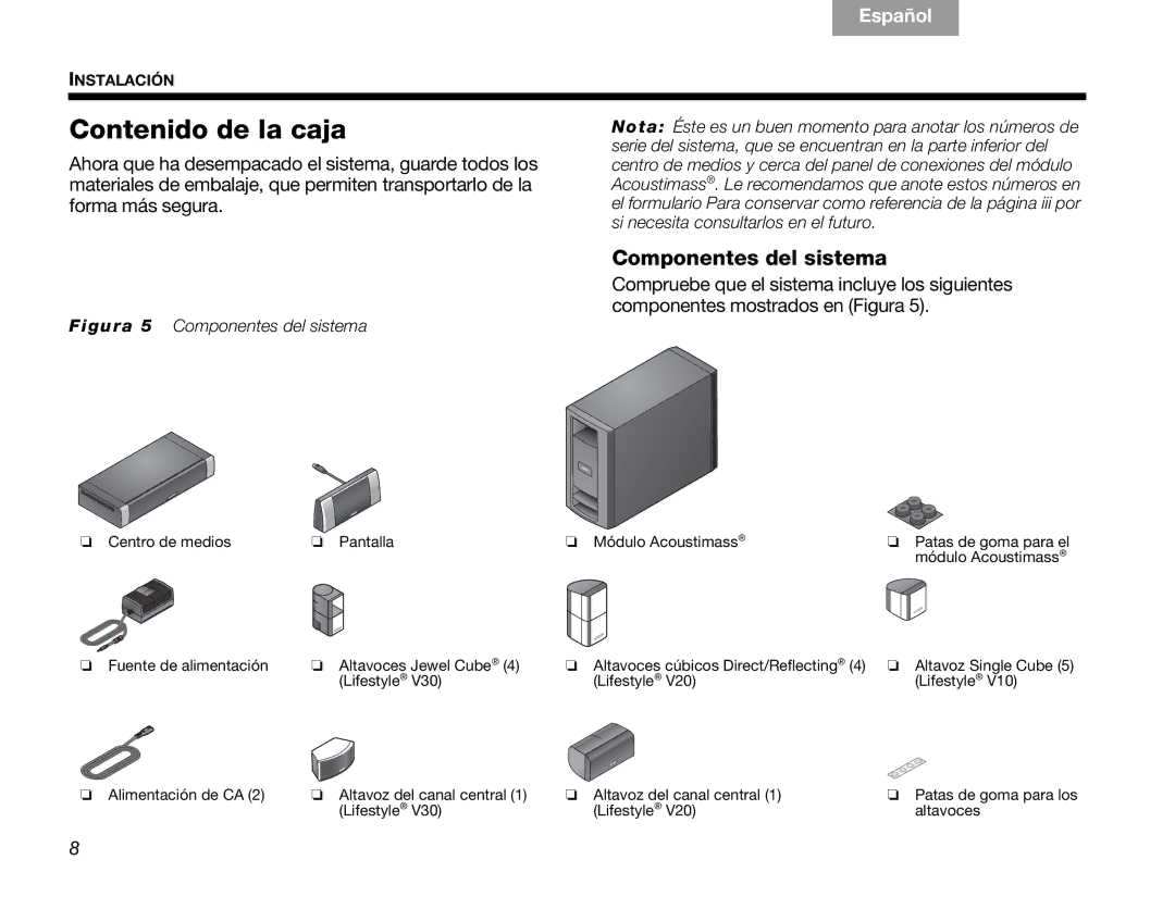 Bose V30 manual Contenido de la caja, Componentes del sistema 