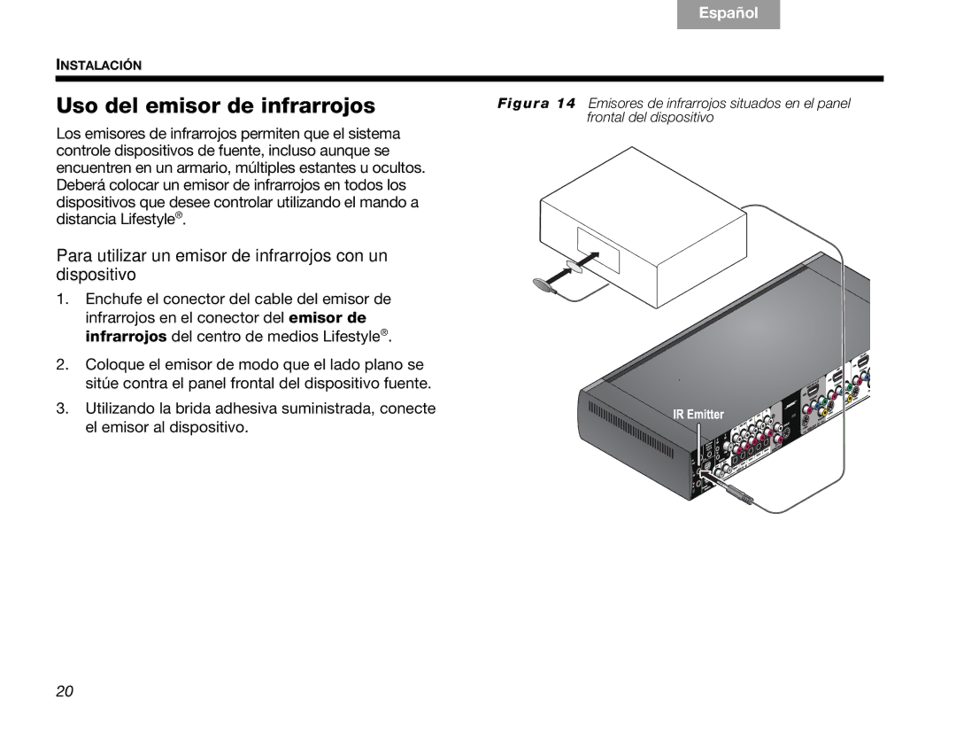 Bose V30 manual Uso del emisor de infrarrojos, Para utilizar un emisor de infrarrojos con un dispositivo 