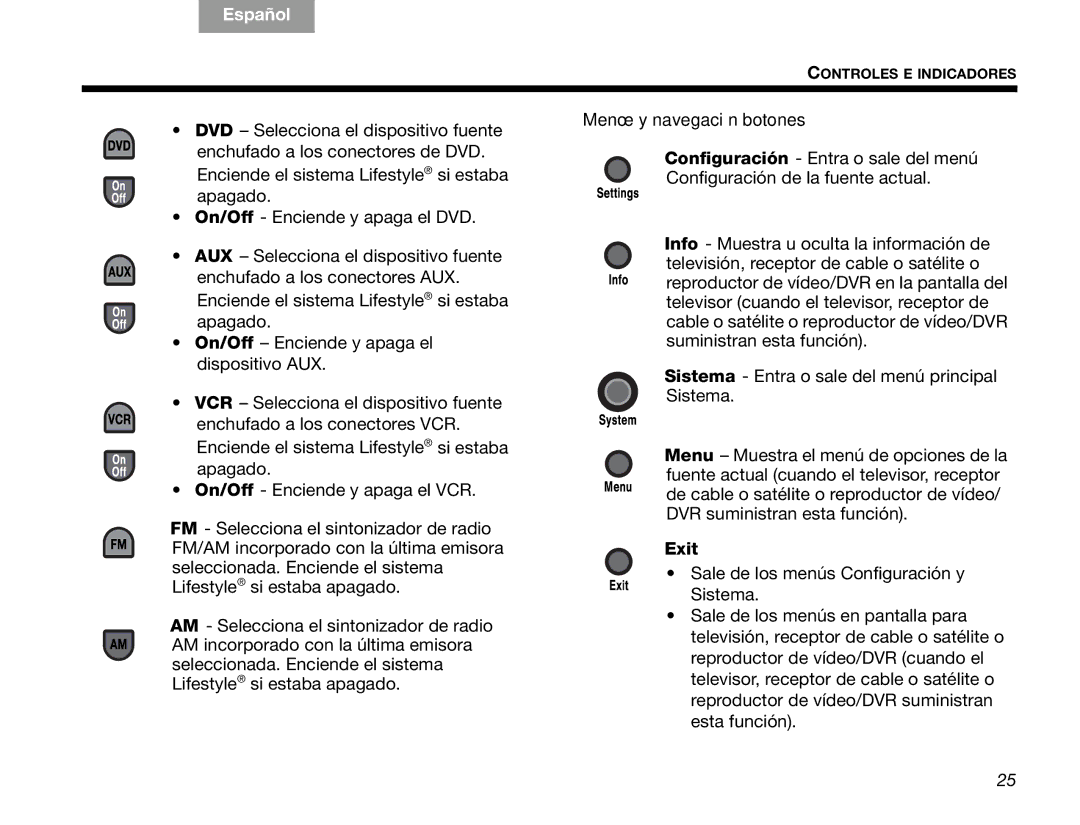 Bose V30 manual Menú y navegación botones 