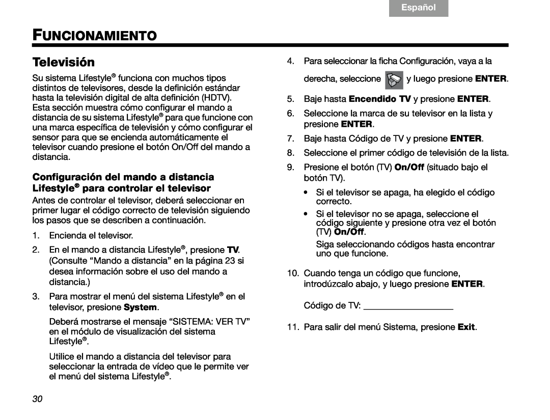 Bose V30 manual Funcionamiento, Televisión, Español, English 