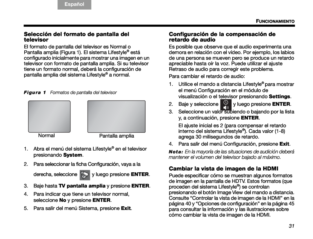 Bose V30 manual Selección del formato de pantalla del televisor, Cambiar la vista de imagen de la HDMI, English, Español 