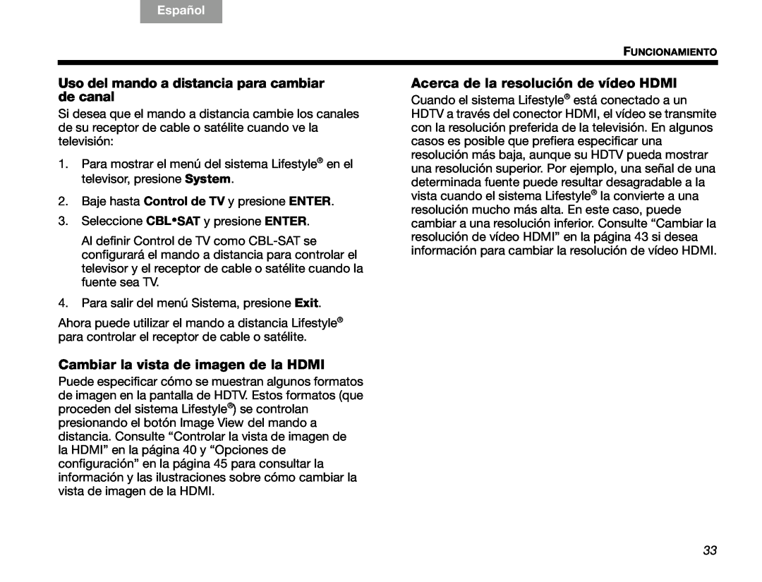 Bose V30 manual Uso del mando a distancia para cambiar de canal, Acerca de la resolución de vídeo HDMI, English, Español 