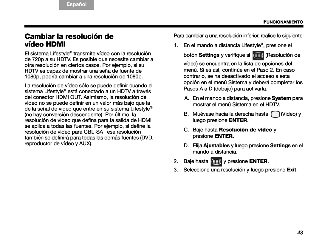 Bose V30 manual Cambiar la resolución de vídeo HDMI, C.Baje hasta Resolución de vídeo y presione ENTER, English, Español 