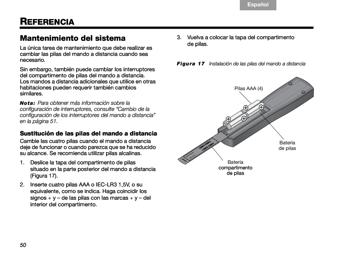 Bose V30 manual Referencia, Mantenimiento del sistema, Sustitución de las pilas del mando a distancia, Español, English 