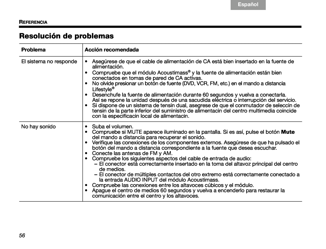 Bose V30 manual Resolución de problemas, Problema, Acción recomendada, Español, English 