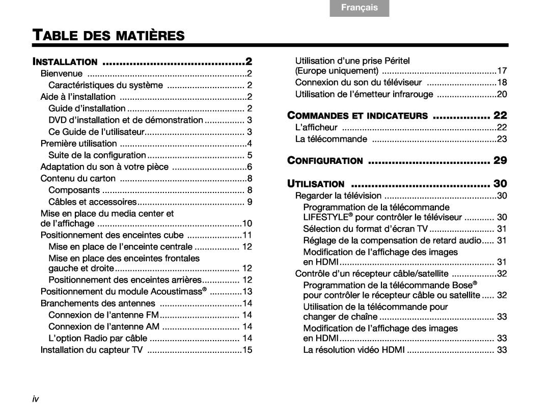 Bose V30 manual Table Des Matières, Configuration, Utilisation, Commandes Et Indicateurs, Installation, Français, English 