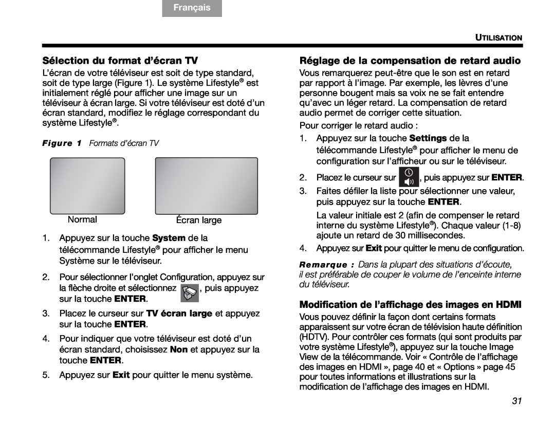 Bose V30 manual Sélection du format d’écran TV, Réglage de la compensation de retard audio, English, Français 