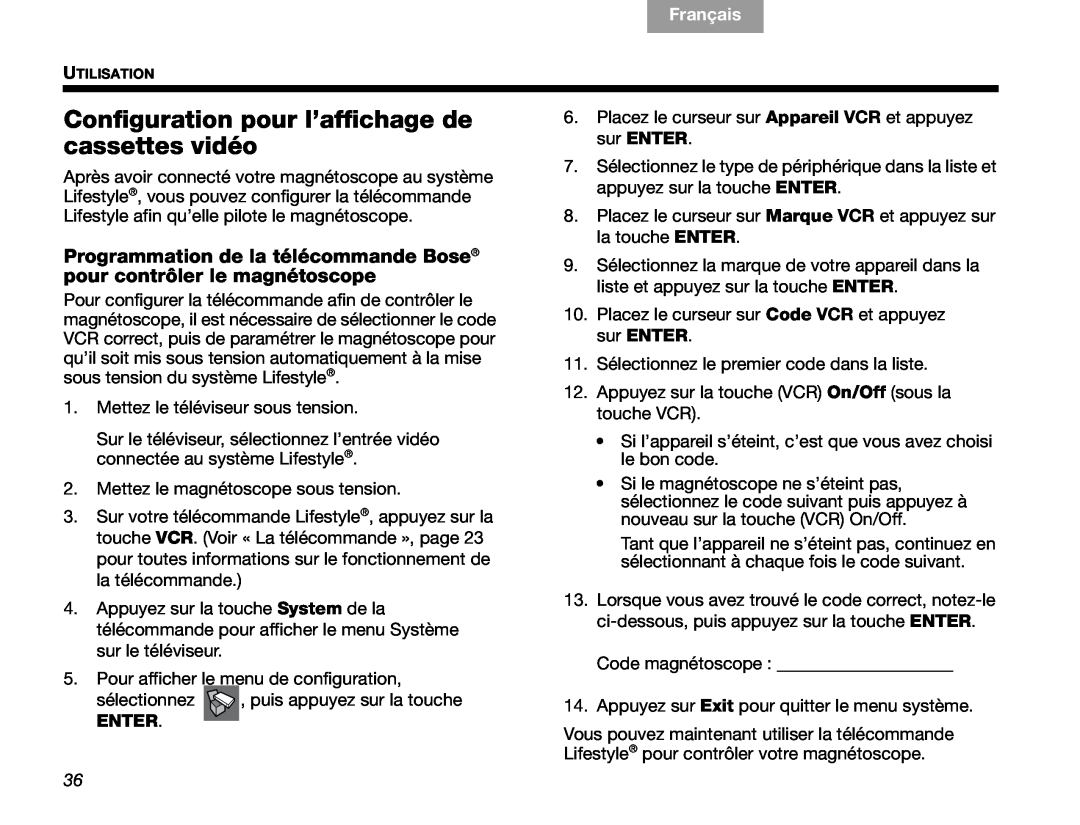 Bose V30 manual Configuration pour l’affichage de cassettes vidéo, Français, English, Enter 