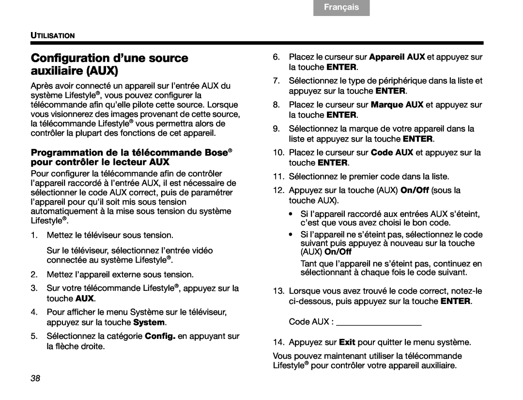 Bose V30 manual Configuration d’une source auxiliaire AUX, Français, English 