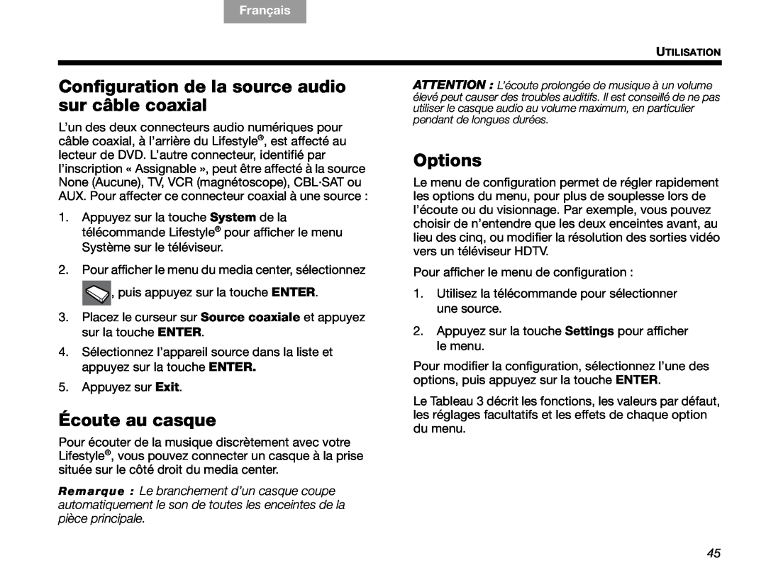 Bose V30 manual Écoute au casque, Options, English, Français 
