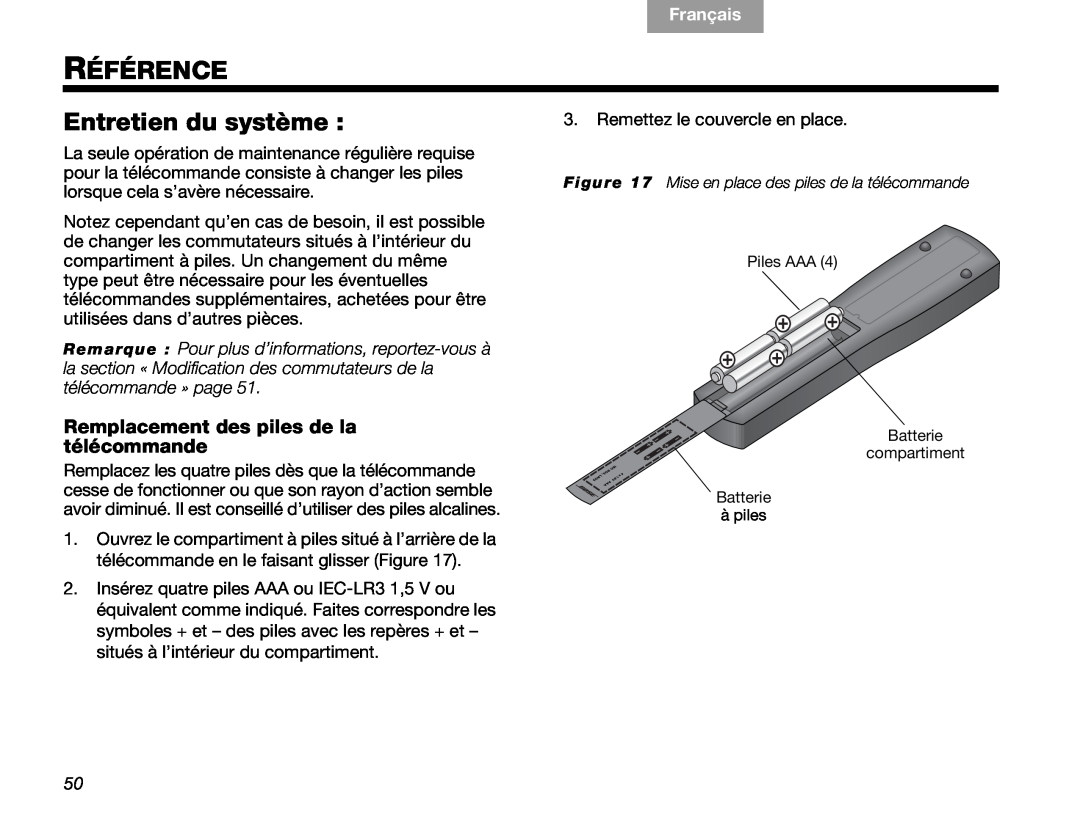 Bose V30 manual Référence, Entretien du système, Remplacement des piles de la télécommande, Français, English 
