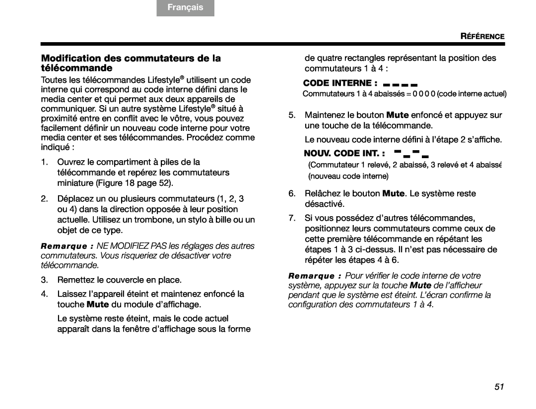 Bose V30 manual Modification des commutateurs de la télécommande, Code Interne, Nouv. Code Int, English, Français 