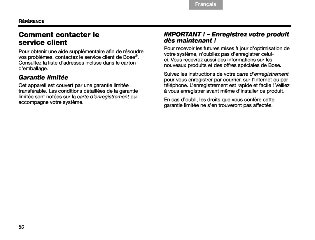 Bose V30 manual Comment contacter le service client, Garantie limitée, Français, English 
