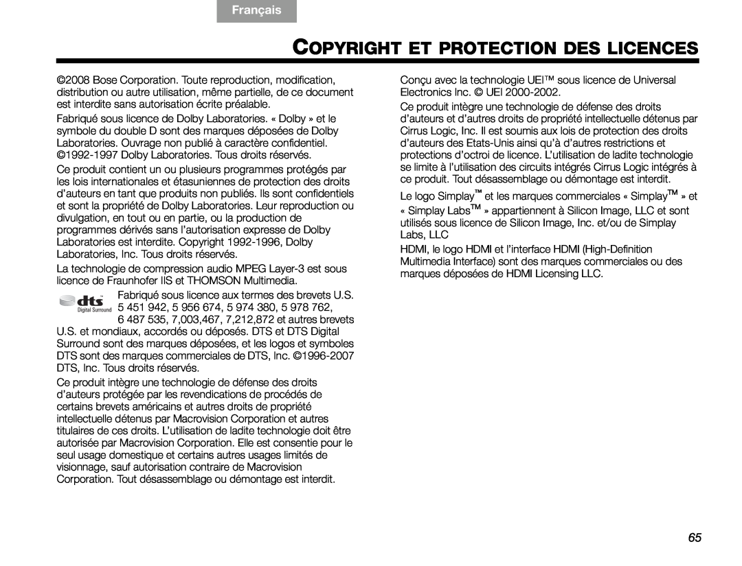 Bose V30 manual Copyright Et Protection Des Licences, English, Français 
