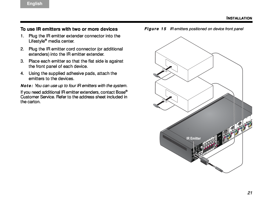 Bose V30 manual To use IR emitters with two or more devices, English 