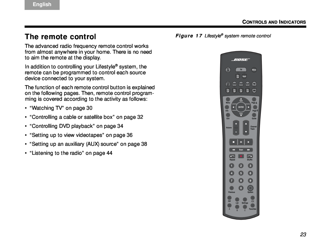 Bose V30 manual The remote control, English 
