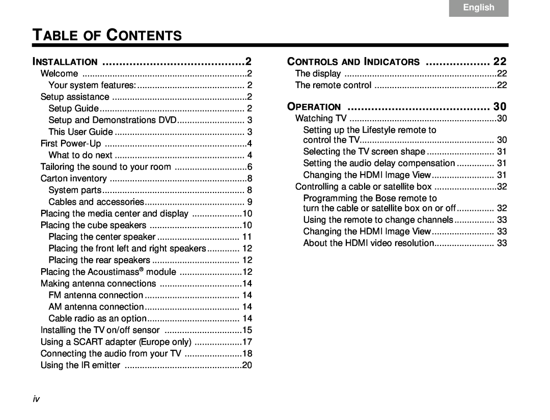 Bose V30 manual Table Of Contents, Installation, Operation, Controls And Indicators, TAB 6Italiano, English 