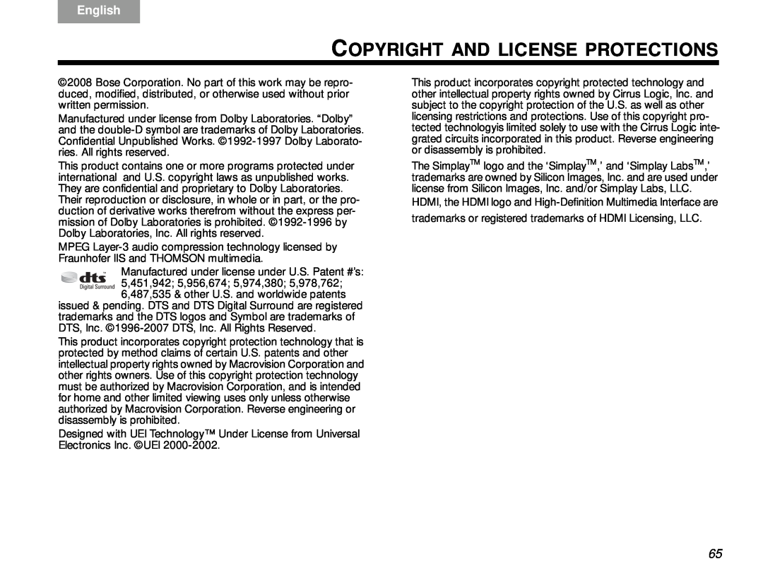 Bose V30 manual Copyright And License Protections, English 