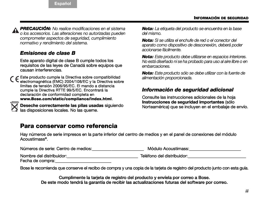 Bose V30 manual Para conservar como referencia, Emisiones de clase B, Información de seguridad adicional, English, Español 