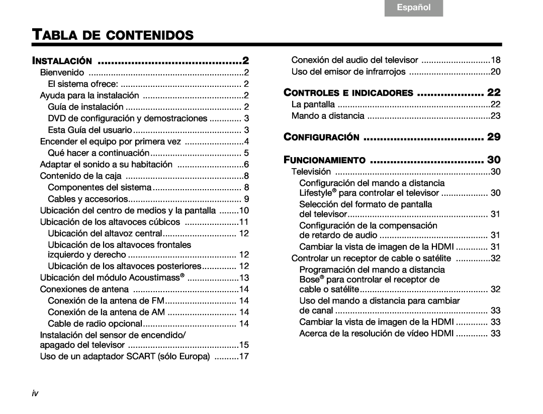 Bose V30 manual Tabla De Contenidos, Instalación, Configuración, Funcionamiento, Controles E Indicadores, Español, English 
