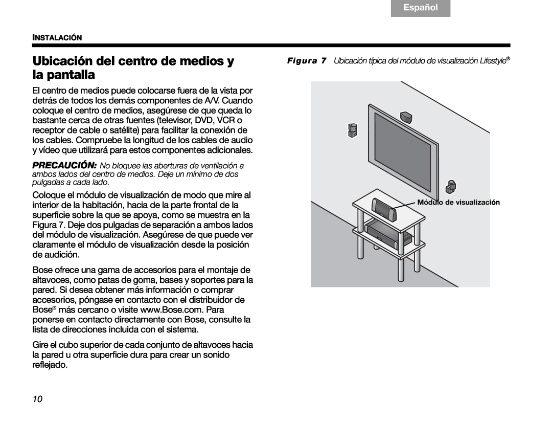 Bose V30 manual Ubicación del centro de medios y la pantalla, Español, English, Instalación, Módulo de visualización 