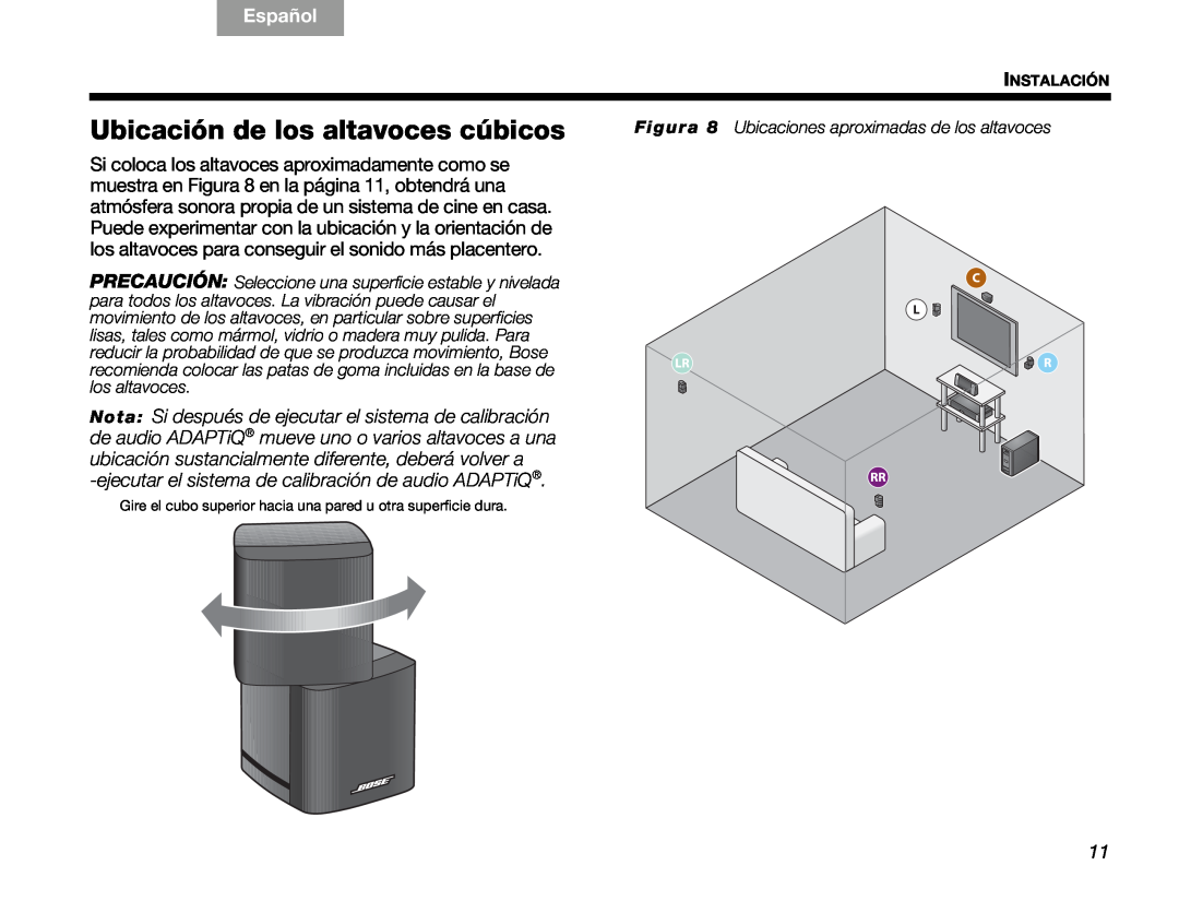 Bose V30 manual Ubicación de los altavoces cúbicos, English, Español, Figura 8 Ubicaciones aproximadas de los altavoces 