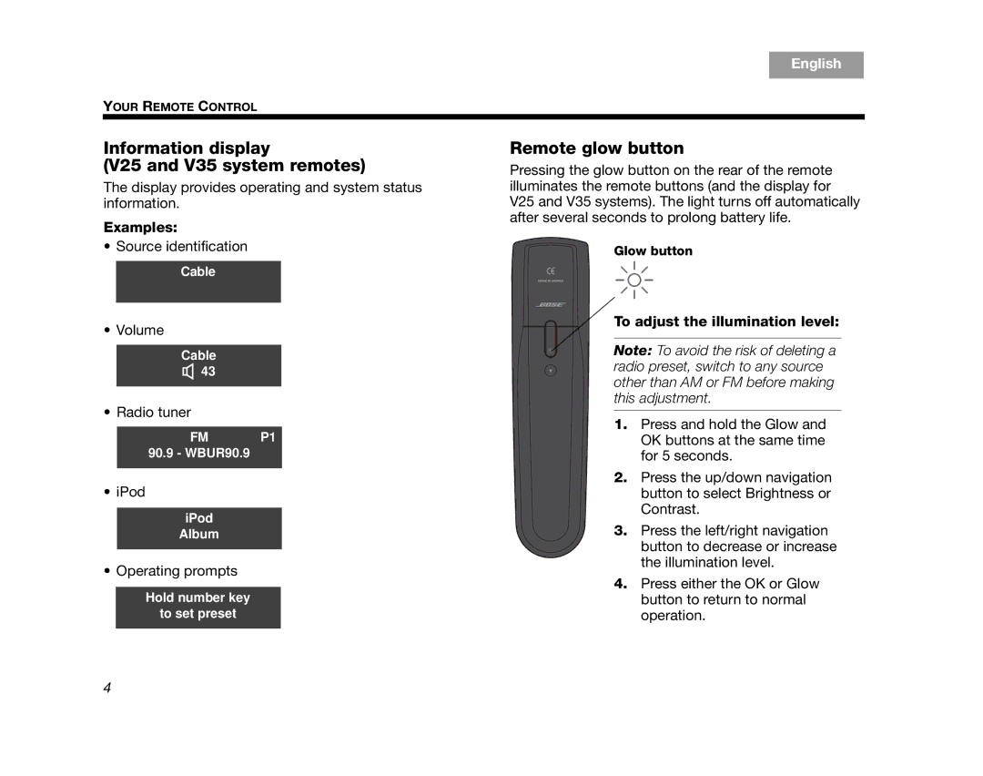 Bose T10, AM324446, T20 manual Information display V25 and V35 system remotes, Remote glow button, Glow button 