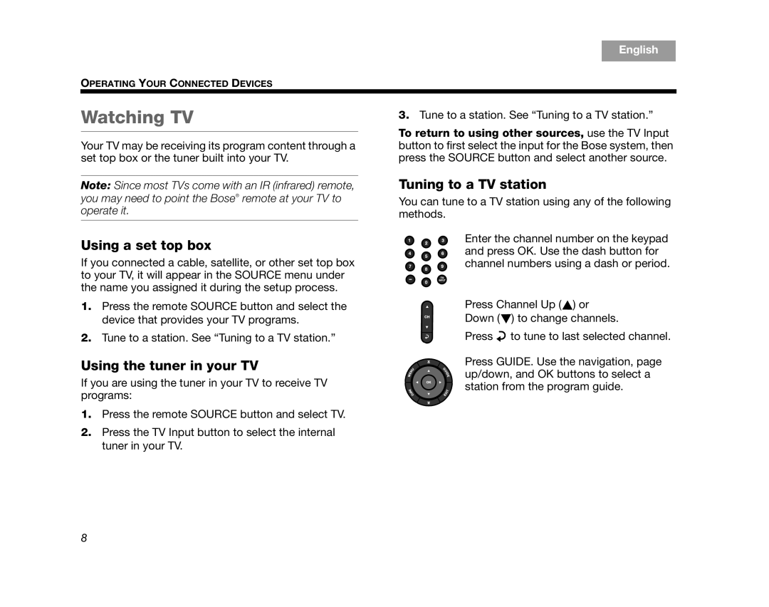 Bose T20, V35, V25, T10, AM324446 manual Watching TV, Using a set top box, Using the tuner in your TV, Tuning to a TV station 