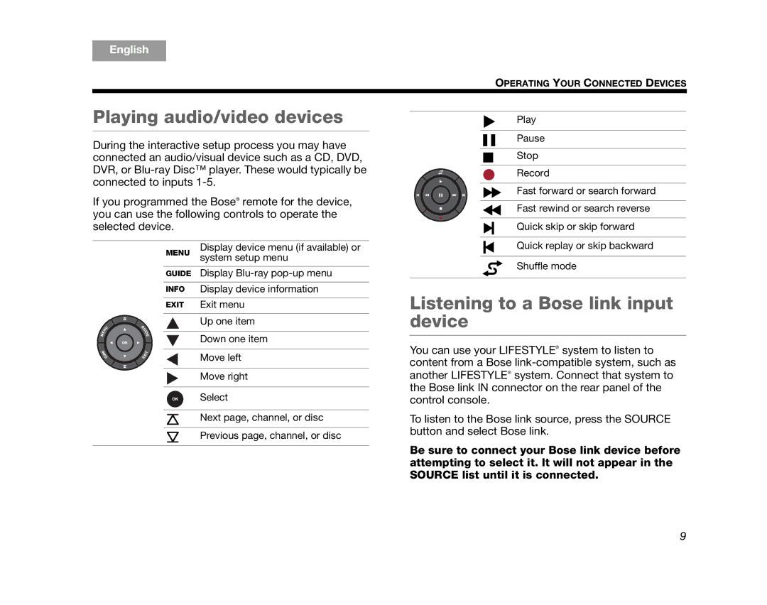 Bose V35, V25, T10, AM324446, T20 manual Playing audio/video devices, Listening to a Bose link input device 