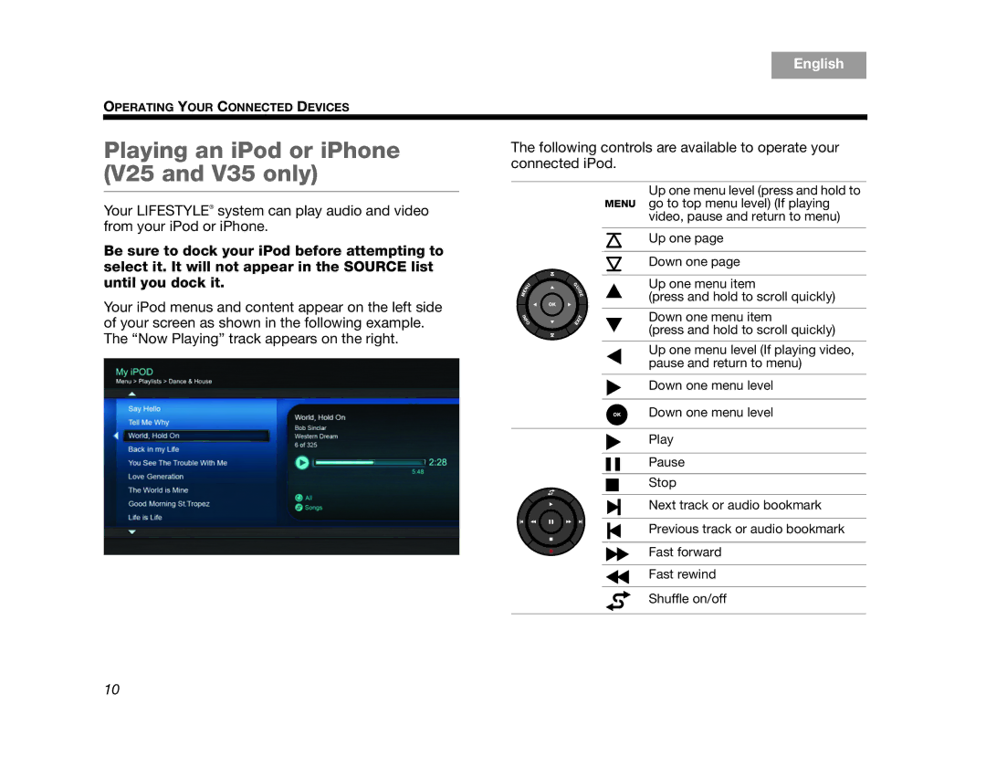 Bose T10, AM324446, T20 manual Playing an iPod or iPhone V25 and V35 only 